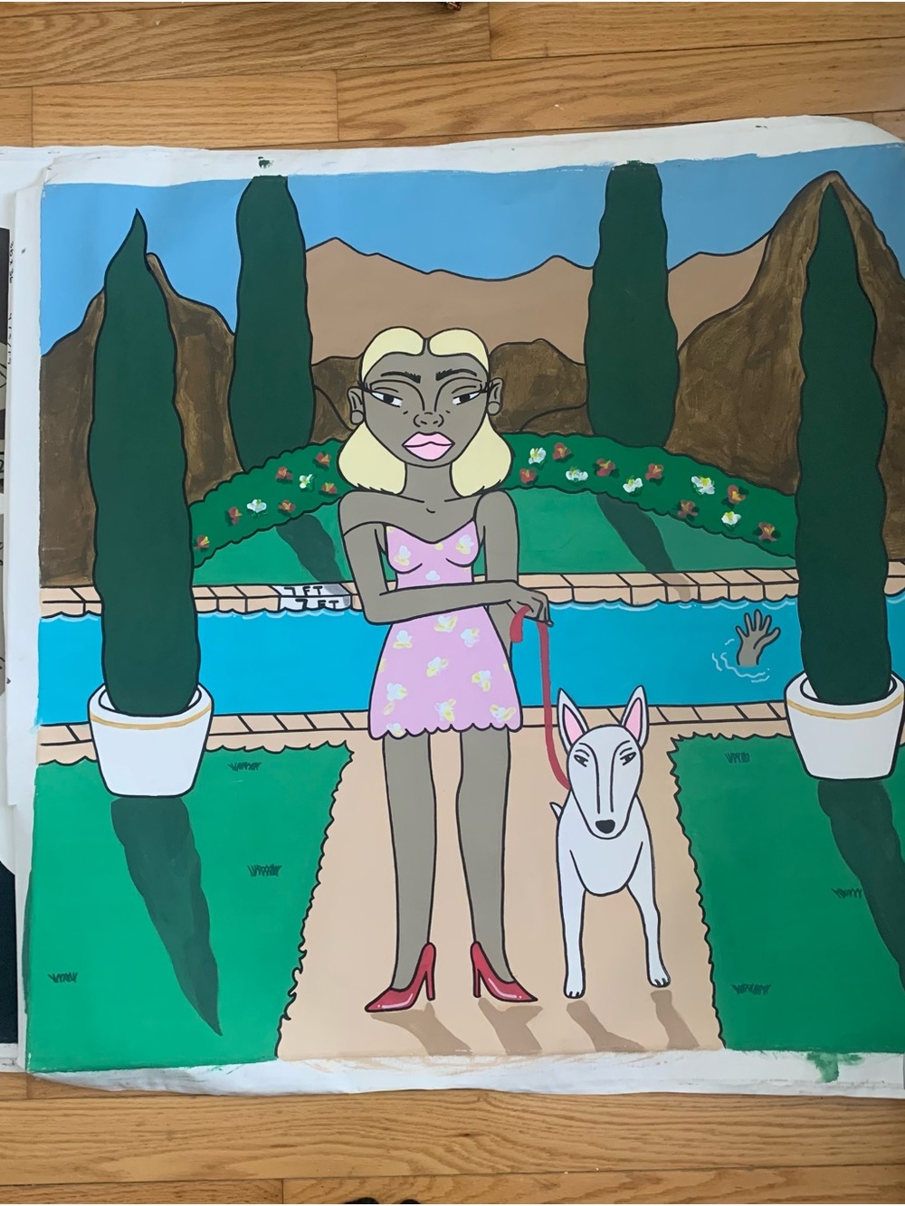 Pop Art Painting of Woman and Dog in Pink Dress